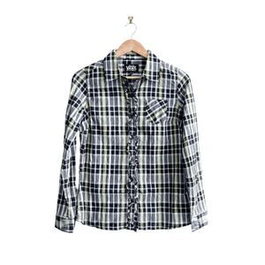 Vans Womens Button Down Shirt Ruffled Sparkle Plaid Yellow Black Medium NWT